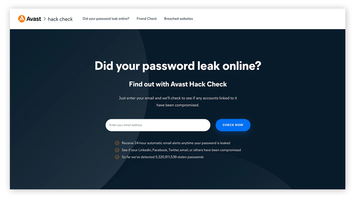Avast Hack Check是一个免费工具，可检查您的个人数据是否已被暴露。