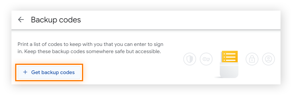 Google帐户的二步骤验证部分的备用码屏幕